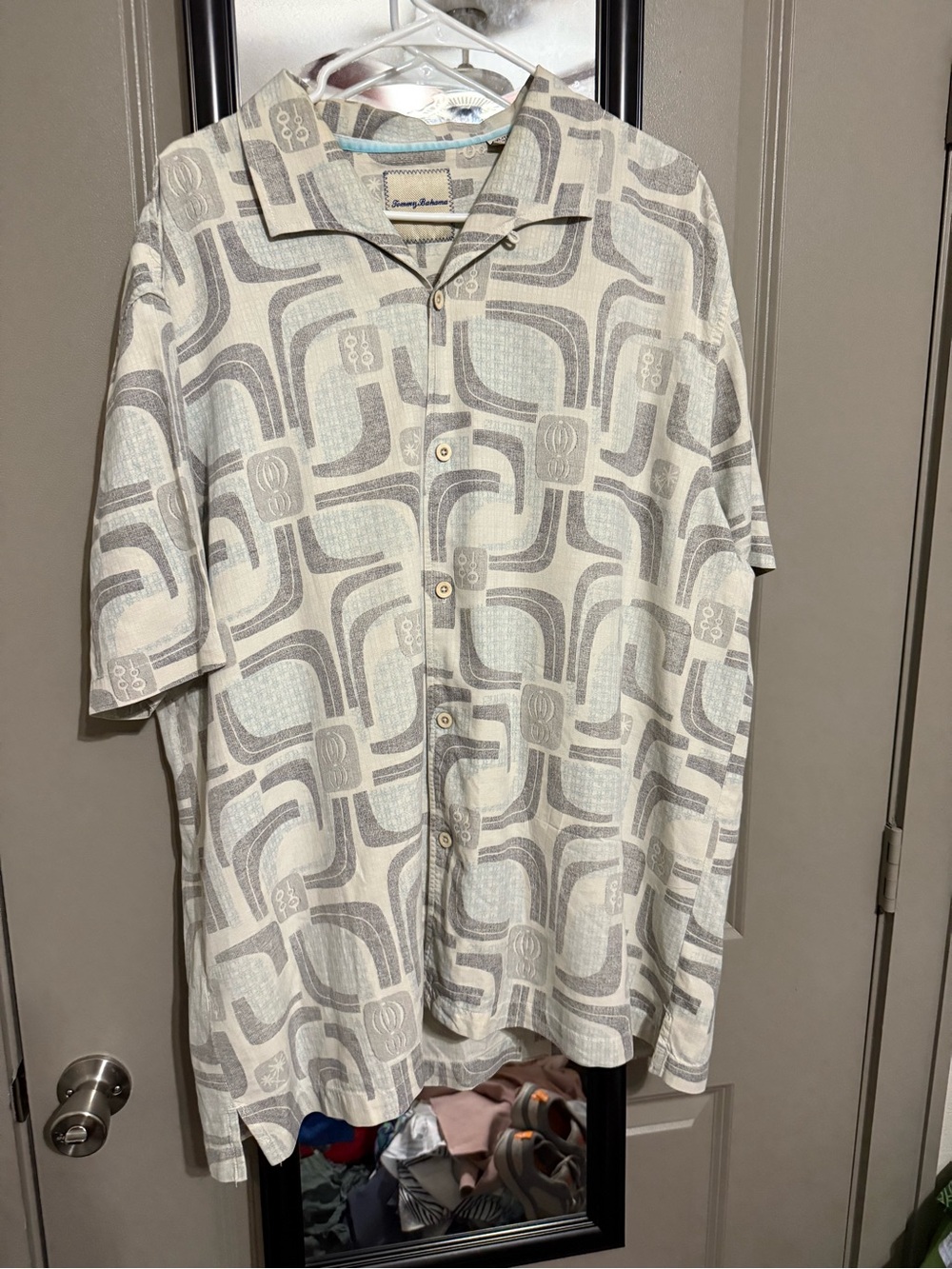 Tommy Bahama Cream and Gray Geometric Camp Button-Down Shirt